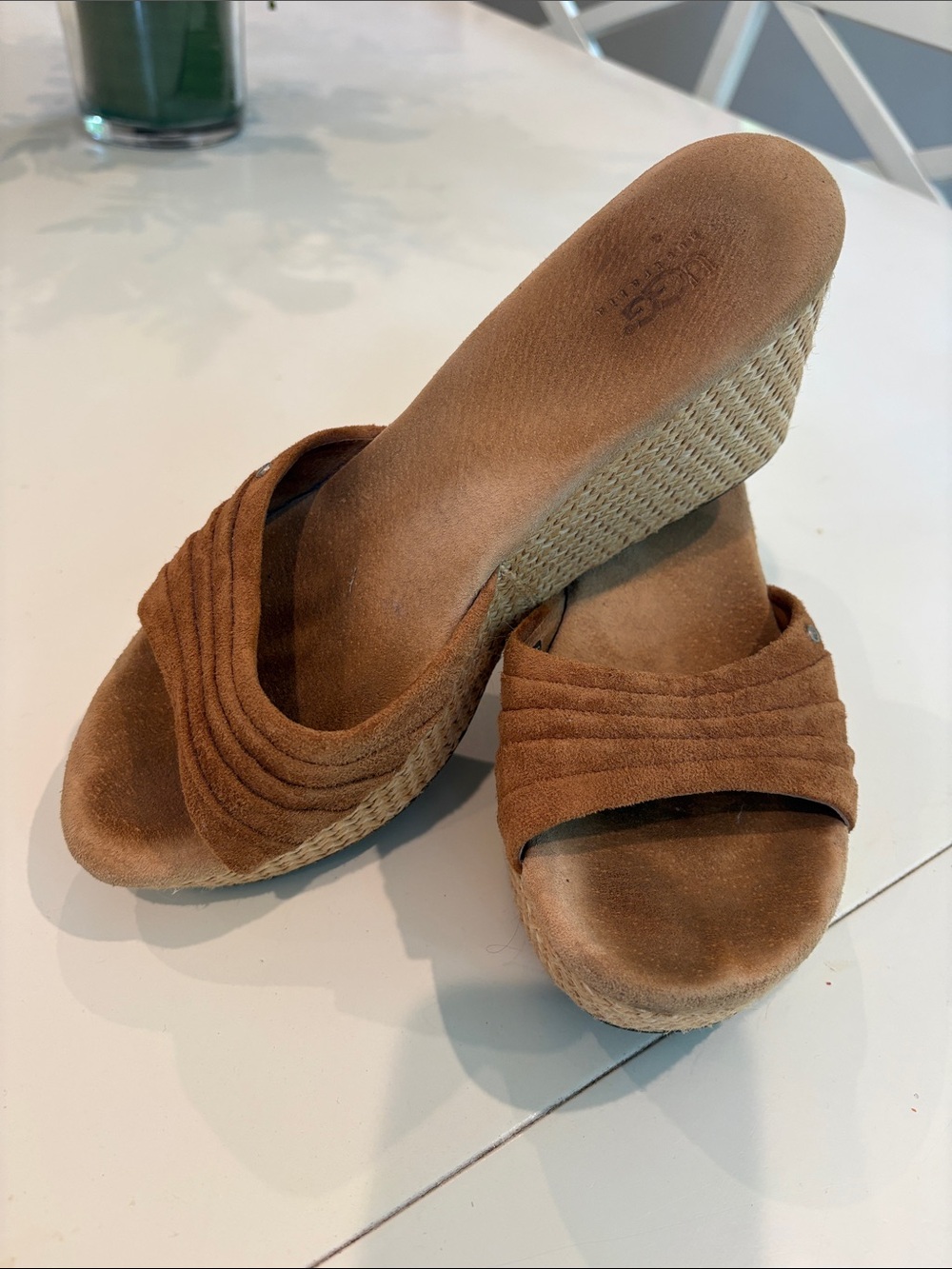UGG Tan/Brown Suede Espadrille Wedge Slides, Size 7